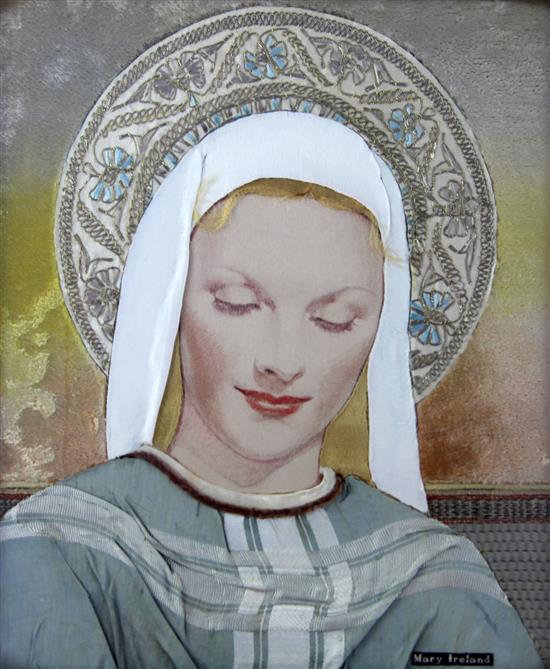 A 1930s printed silk and embroidered panel of Saint Modwen, by Mary Ireland, 8.25in by 7.25in.